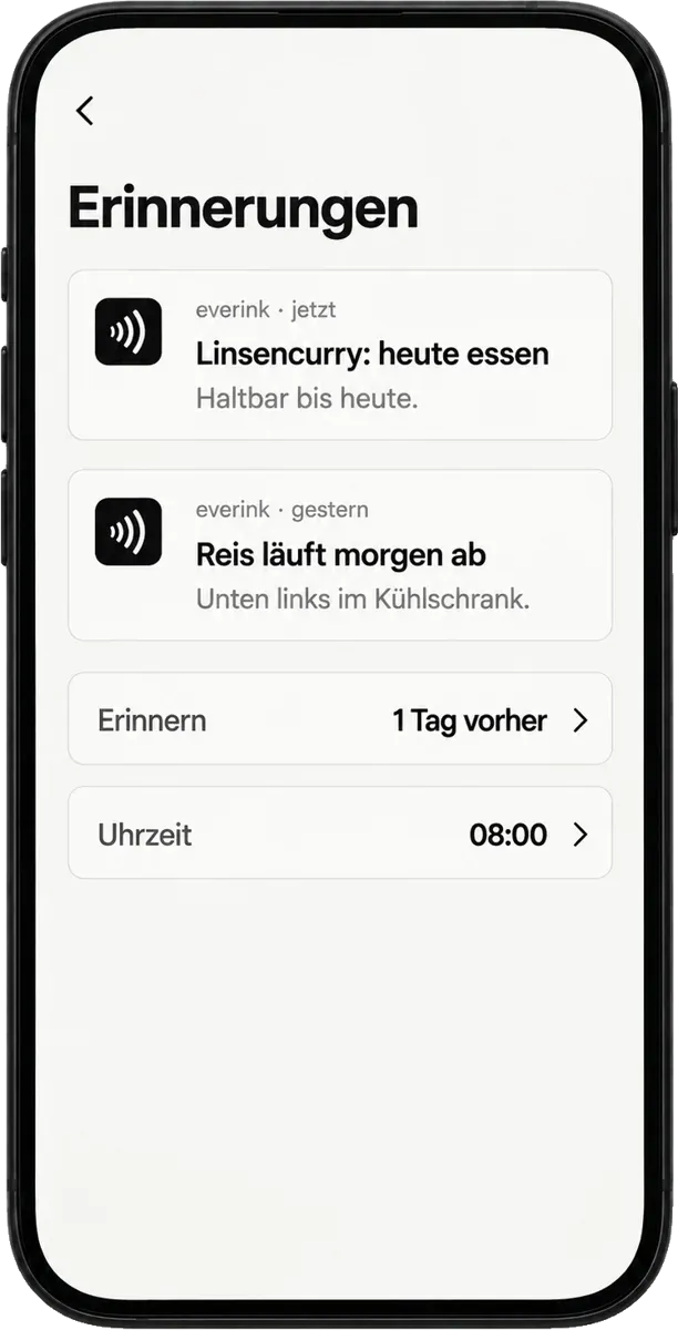 App-Screen «Erinnerungen» mit zwei Benachrichtigungen und Einstellungen