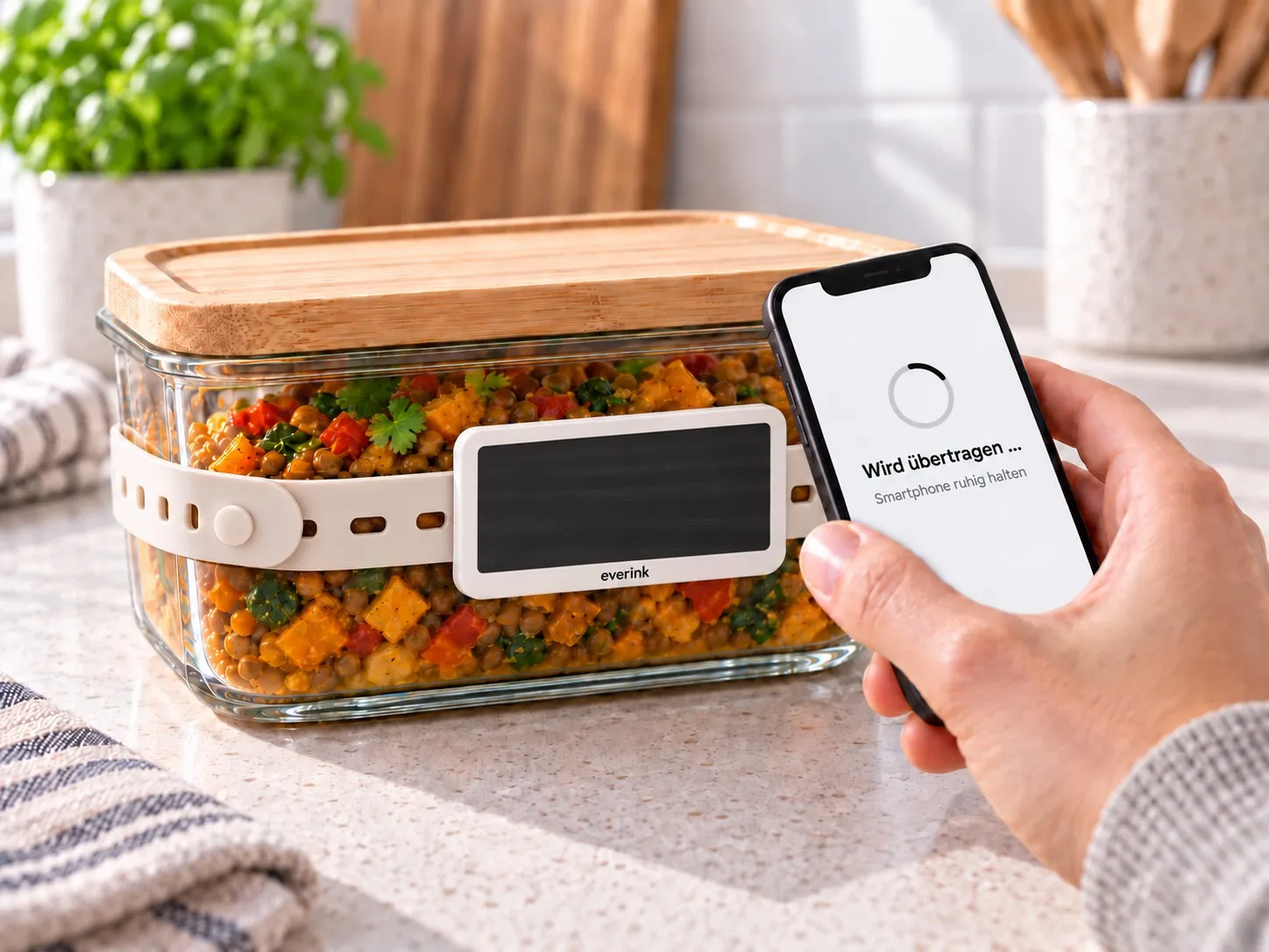 Das Handy wird ans Etikett gehalten